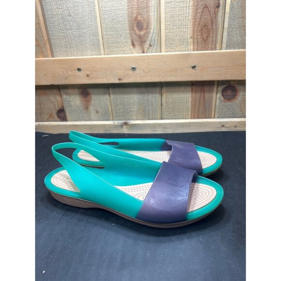 Crocs Womens Color Block Turquoise Blue Slingback Sandals Size 10 Lightweight - Picture 1 of 8